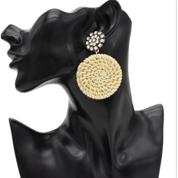 E-4796 New Fashion Bamboo Raft Weaving Handmade Round Pendant Earrings Bohemian Glass Crystal  Rhinestone Drop Earrings Hook Earring for Women jewelry