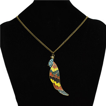 N-3276 Colorful Glazed Green Rhinestone Bronze Alloy Peacock Pendant Necklace