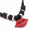 N-3768 Korea Style Female Black Exaggerated Big Red Lip Rhinestone Pendant Choker necklace