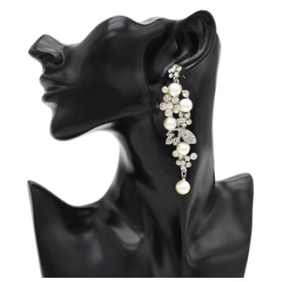 E-4817 Elegant Simulated Pearl Rhinestone Long Drop Earrings for Women Bridal Wedding Party Jewelry