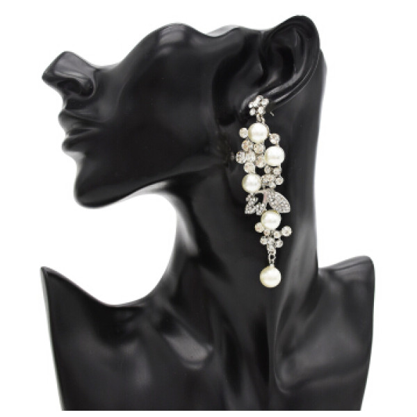 E-4817 Elegant Simulated Pearl Rhinestone Long Drop Earrings for Women Bridal Wedding Party Jewelry