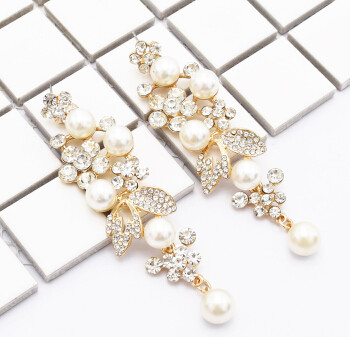 E-4817 Elegant Simulated Pearl Rhinestone Long Drop Earrings for Women Bridal Wedding Party Jewelry