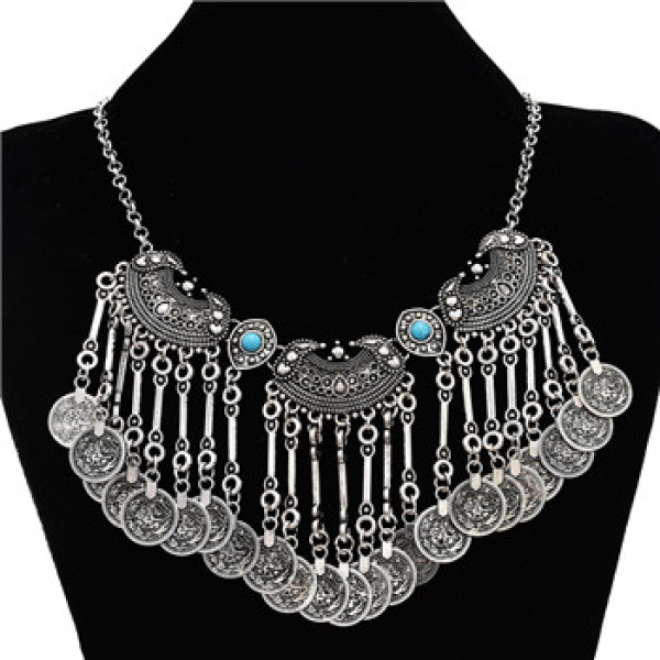 N-5087  Bohemian Vintage Ethnic Silver plated Gypsy Coin Collar Statement Necklace