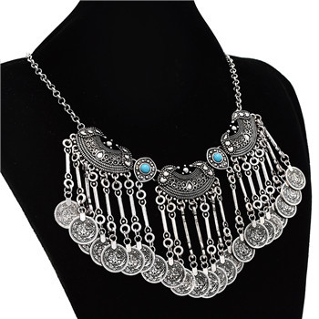 N-5087  Bohemian Vintage Ethnic Silver plated Gypsy Coin Collar Statement Necklace