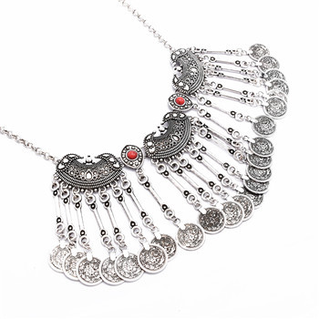 N-5087  Bohemian Vintage Ethnic Silver plated Gypsy Coin Collar Statement Necklace