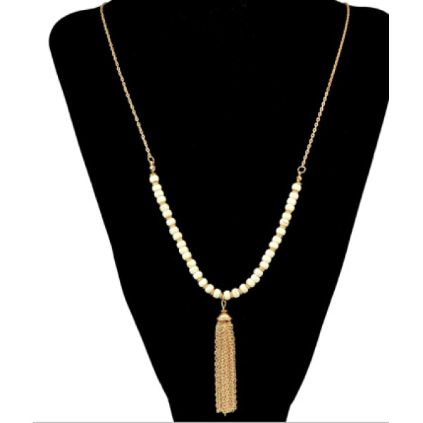N-6378-WH Bohemian Ethnic Long Gold Tassel White Resin Beads Statement Necklace Party Jewelry