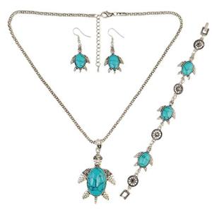 N-6512-T  Bohemian Vintage Ethnic Silver plated Gypsy Tortoise Pendant Necklaces Rhinestone Bracelet Jewelry Set