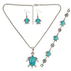 N-6512-T  Bohemian Vintage Ethnic Silver plated Gypsy Tortoise Pendant Necklaces Rhinestone Bracelet Jewelry Set
