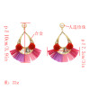 E-4842 Cute Flower Shape Pom Pom Ball Raffia Drop Earrings for Women Boho Party Fashion Jewelry