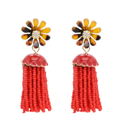 E-4850 Bohemian Flower Crystal Stud Seed Bead Drop Earrings Tassel Fringe Earrings