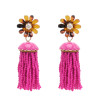 E-4850 Bohemian Flower Crystal Stud Seed Bead Drop Earrings Tassel Fringe Earrings
