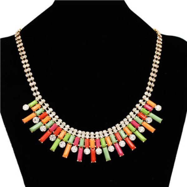 N-0573 New Fashion Charming Rhinestone Chain Oblong Resin Gem Choker Necklace
