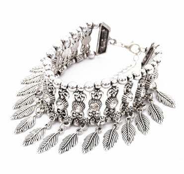 B-0909  Vintage Silver Rhinestone Leaf Pendant Bracelets for Women Bohemian Wedding Party Jewelry