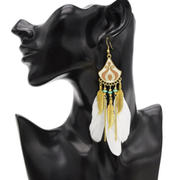E-4856 Bohemian Vintage Silver Feather Pendant Drop Dangle Earrings Hook Earring