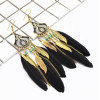 E-4856 Bohemian Vintage Silver Feather Pendant Drop Dangle Earrings Hook Earring
