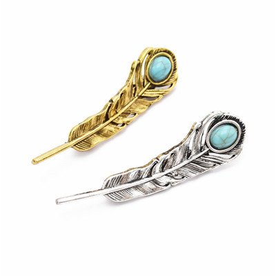 P-0414 Trendy Simple Silver Leaf Turquoise Brooch Coat Cardigan Pin
