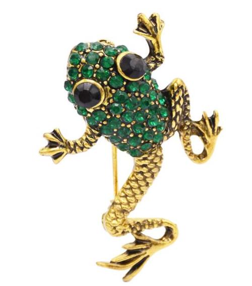 P-0416 Vintage Style Bronze Alloy Green Champagne Rhinestone Frog Pin Brooch