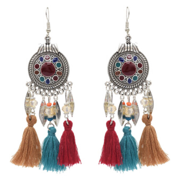 E-4862 4 Colors Ethnic Thread Tassel Resin Beads Long Drop Earrings for Women Boho Festival Party Jewelry