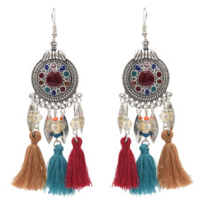 E-4862 4 Colors Ethnic Thread Tassel Resin Beads Long Drop Earrings for Women Boho Festival Party Jewelry