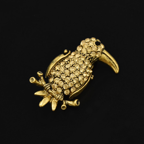 P-0420 Vintage Style Silver Bronze Alloy Green Champagne Rhinestone Bird Pin Brooch For Women