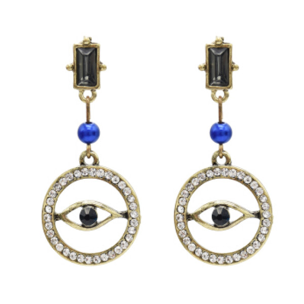 E-4860 Vintage Gold Rhinestone Blue Evil Eye Drop Earrings for Women Boho Party Jewelry