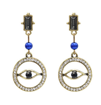E-4860 Vintage Gold Rhinestone Blue Evil Eye Drop Earrings for Women Boho Party Jewelry
