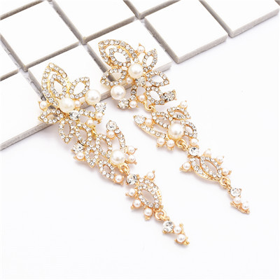 E-4871 Elegant Pearl Rhinestone Long Drop Earrings for Women Wedding Party Jewelry