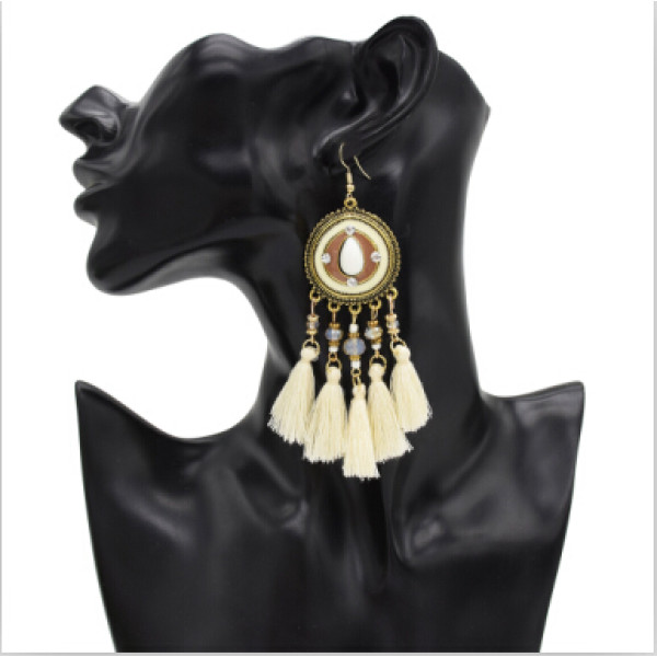 E-4869 3 Colors Ethnic Thread Tassel Resin Beads Long Drop Earrings for Women Boho Festival Party Jewelry