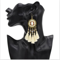 E-4869 3 Colors Ethnic Thread Tassel Resin Beads Long Drop Earrings for Women Boho Festival Party Jewelry