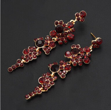 E-4873 Elegant Red Flower Shaped Crystal Rhinestone Long Drop Earrings for Women Wedding Party Jewelry