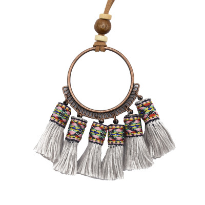 N-7122 Handmade Bohemian Embroidery Tassel Fringe Leather Pendant Necklace