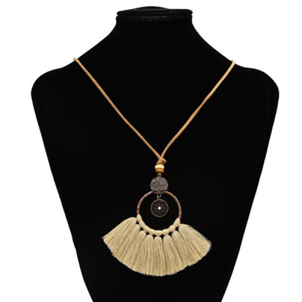 N-7124 8 Color Handmade Bohemian Embroidery Tassel Fringe Leather Pendant Necklace
