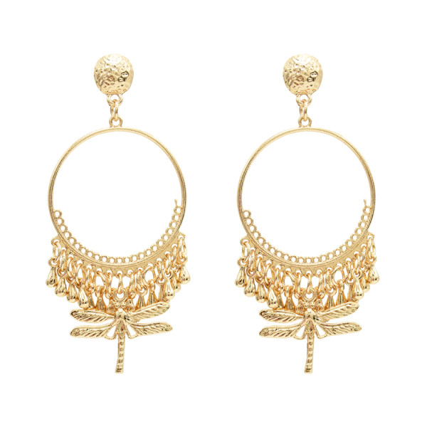 E-4925 Ethnic Fringe Round Metal Dragonfly Pendant Drop Dangle Earrings