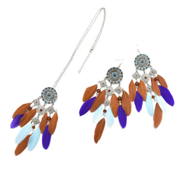 N-7147  E-4989 2 Colors Bohemian New Fashion Charming Feather Jewelry Set Long Tassel Drop Earring&Neclace For Women