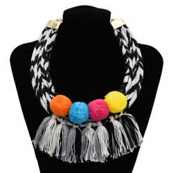 N-7077 Vintage Cloth Alloy Pompom Ball Tassel pendant Necklace Accessories For Women Jewelry