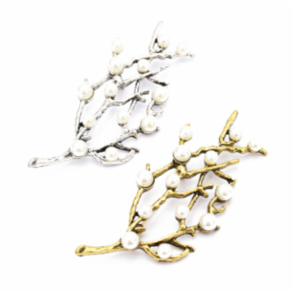 P-0421 Korean Women Fashion Cute Delicate Pearl Silver Gold Sprig Shaped  Brooches Pin Scarf  Sweater Accessory