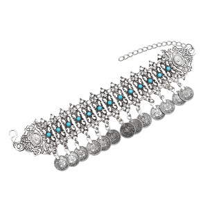 B-0918   Bohemian Turkish Vintage Silver Coins Tassel Pendant Necklace Bracelet Jewelry Set for Women