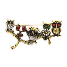P-0422 Aamazing Vintage Gold Silver Plated Colorful Rhinestones Owls Pin Brooch