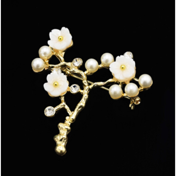 P-0423  Korean Women Fashion Cute Delicate Pearl  Gold Sprig Shaped  Flower Brooches Pin Scarf  Sweater Accessory