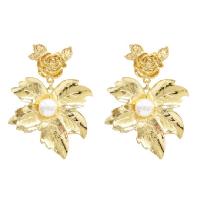 E-5029 2 Colors New Fashion Gold Silver Alloy Leaf Flower Shaped  Drop Earrings Artificial Pearl  Pendant Earrings Rose Ear Stud for Women Valentine's Day Gift