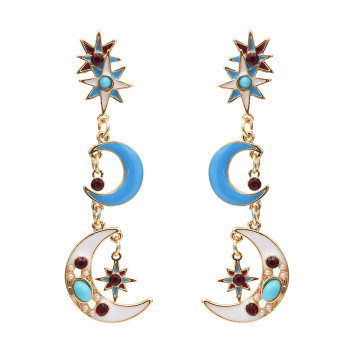 E-5050 Retro Geometric Colorful Stars Moon Enamel Long Drop Earrings for Women