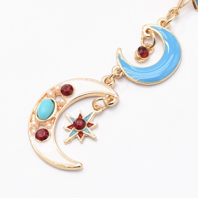 E-5050 Retro Geometric Colorful Stars Moon Enamel Long Drop Earrings for Women