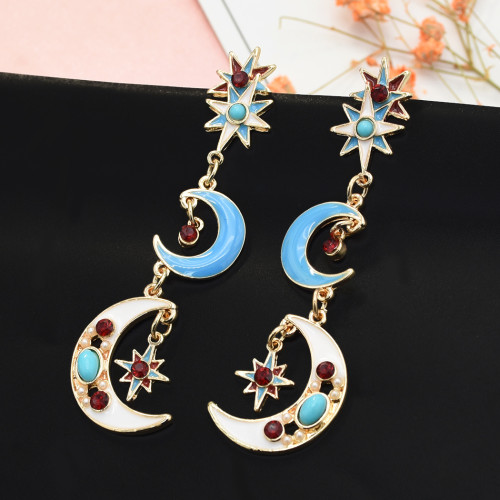 E-5050 Retro Geometric Colorful Stars Moon Enamel Long Drop Earrings for Women