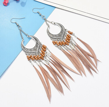 E-5060 6 Colors Trendy Alloy Tassel Bead Feather Earring For Women Jewelry Design