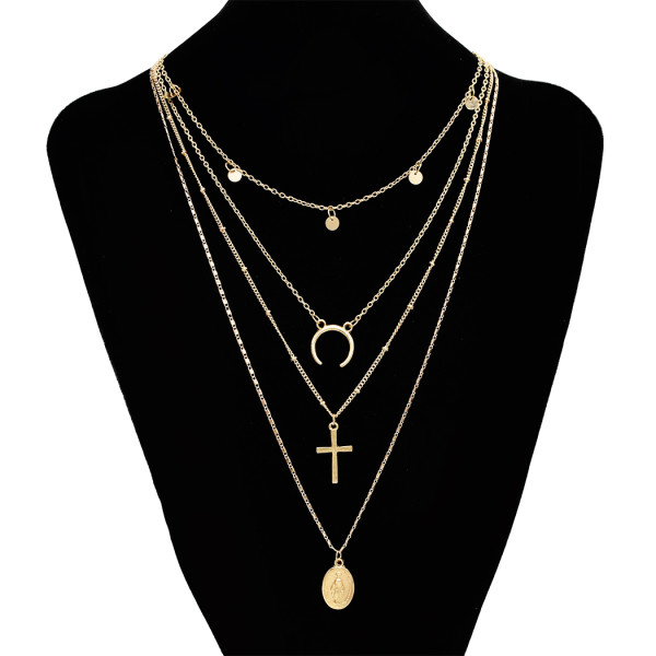 N-7159 Fashion Gold Alloy Moon Cross Pendant Necklace Clavicular Chain Multilayer Necklace 4 Layers for Women