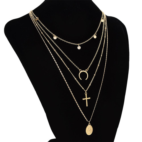 N-7159 Fashion Gold Alloy Moon Cross Pendant Necklace Clavicular Chain Multilayer Necklace 4 Layers for Women