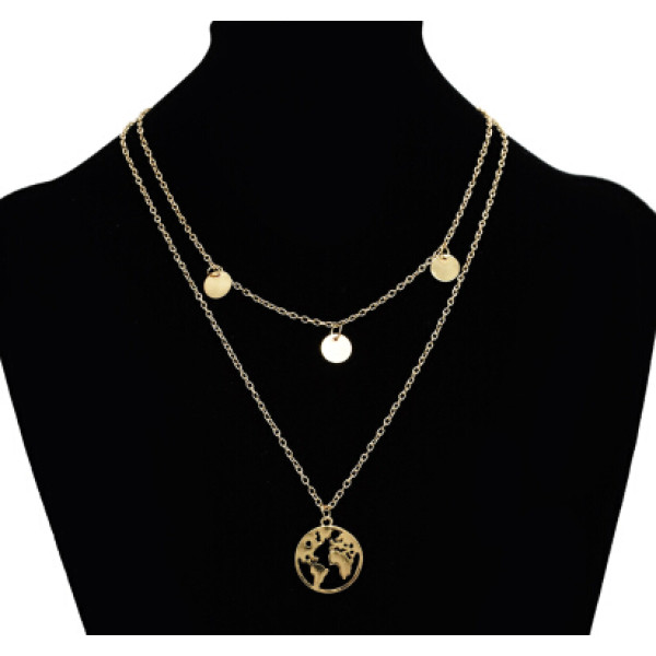 N-7160 Fashion Double Layers Gold Metal Round Pendant Necklaces for Women Party Jewelry