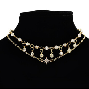 N-7161 Fashion Double Layers Gold Metal Full Rhinestone Pendant Necklaces for Women Party Jewelry