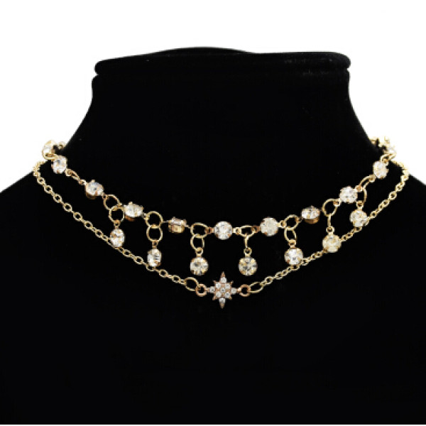 N-7161 Fashion Double Layers Gold Metal Full Rhinestone Pendant Necklaces for Women Party Jewelry