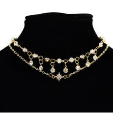 N-7161 Fashion Double Layers Gold Metal Full Rhinestone Pendant Necklaces for Women Party Jewelry